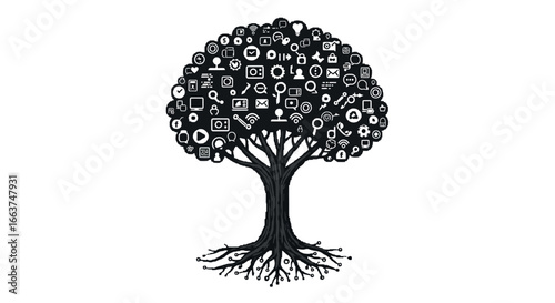 Symbolic tree of technology: digital integration and networking in nature concept