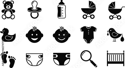 Baby and childcare icons set, teddy bear, pacifier, bottle, stroller, rubber duck, baby face, onesie, diaper, crib, black silhouette vector illustration