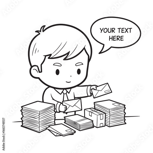 Cartoon Office Worker Sorting Stacks of Mail and Packages