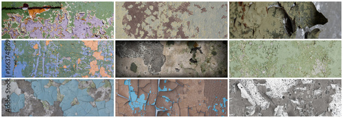 Set of peeling paint textures. Old concrete walls with cracked flaking paint. Weathered rough painted surfaces with patterns of cracks and peeling. Collection of wide panoramic backgrounds for design.