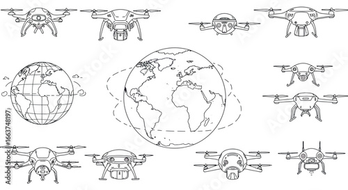 Drones and earth outline: linear global drone technology and planet concept