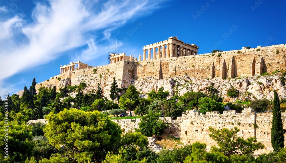 Fototapeta premium Ancient Acropolis of Athens, a magnificent ancient citadel, stands proudly against a vibrant blue sky, with lush greenery surrounding its ancient stone walls.