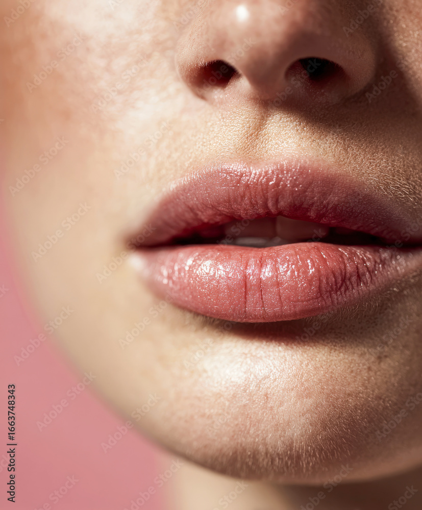 Fototapeta premium A refined editorial beauty portrait emphasizing smooth, glowing skin, soft shadows, and delicate features, paired with elegant pink-toned background décor for a hyperreal vertical composition. 