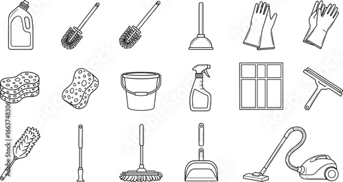 Cleaning tools and supplies line art set, detergent bottle, toilet brush, plunger, gloves, sponges, bucket, spray bottle, mop, vacuum cleaner, vector illustration