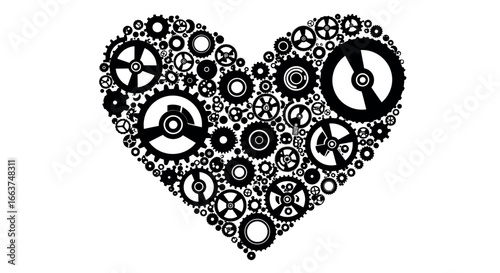 Heart composed of industrial gears and cogs in black silhouette