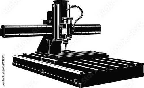 CNC milling machine line art, black and white vector illustration, gantry style design, precision manufacturing equipment, vertical spindle, industrial machining tool