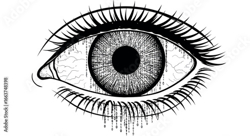 Futuristic cyber eye with digital details in black and white