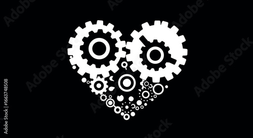 Heart made of gears: industrial mechanical design on black background