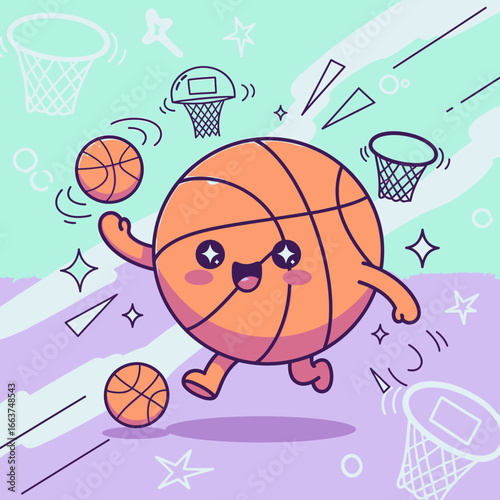 Joyful kawaii basketball character with sparkling eyes and rosy cheeks, running and dribbling in a cute cartoon style.