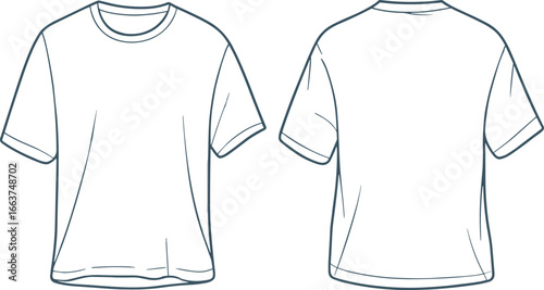Flat vector CAD drawing of unisex round neck short sleeve t-shirt, front and back view, casual loose fit style illustration