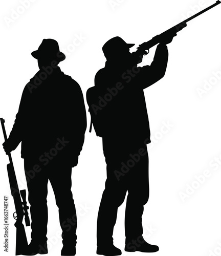 Hunters silhouette, two figures wearing hats with rifles, outdoor activity scene, vector illustration for hunting, adventure, sport, and wilderness lifestyle design projects