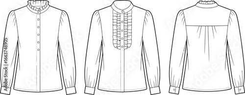 Flat vector CAD drawing of women's ruffle blouse with puff long sleeves, button front design, frill collar, detailed back view