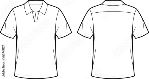 Flat vector CAD fashion sketch of short sleeve polo shirt with open placket collar, front and back technical drawing