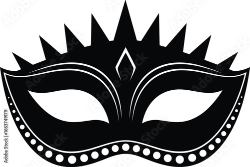 Stylized masquerade mask, black and white design, elegant carnival disguise, decorative party accessory, Venetian style vector, festival celebration icon, ornate crown pattern, mystery ball