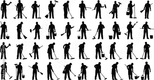 Cleaning profession silhouettes set, thirty‑six male and female figures with tools in varied poses, vector illustration for janitorial, sanitation, and occupational design projects
