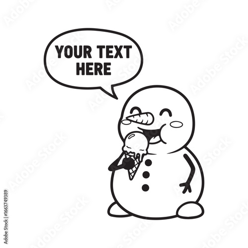 Funny Cartoon Snowman Character Happily Eating an Ice Cream Cone