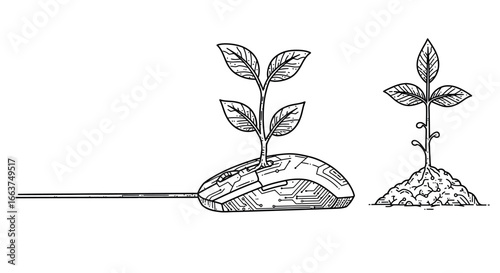 Technological growth: digital mouse and natural plant line art contrast