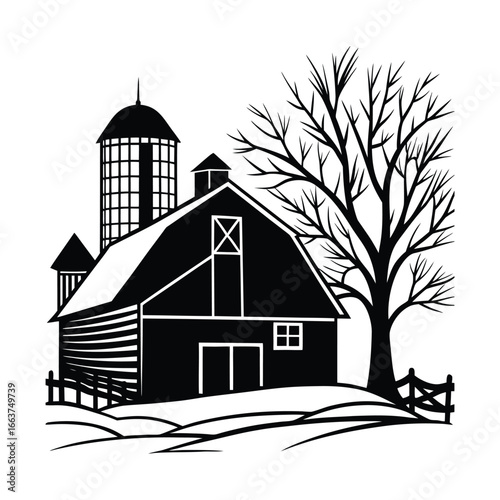 Black silhouette of a barn with silos and a bare tree