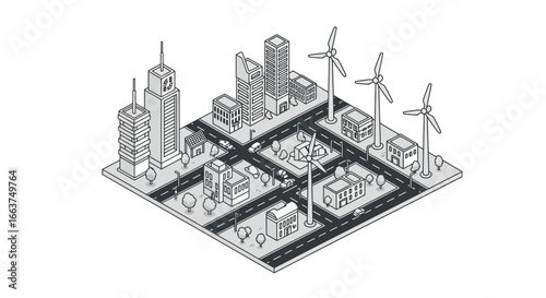 Isometric cityscape with buildings and wind turbines in monochrome style