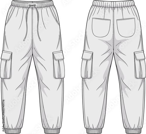 Flat vector CAD illustration of grey cargo jogger pants, with flap pockets, elastic waistband, drawstring closure, ribbed hem, front and back technical fashion view.