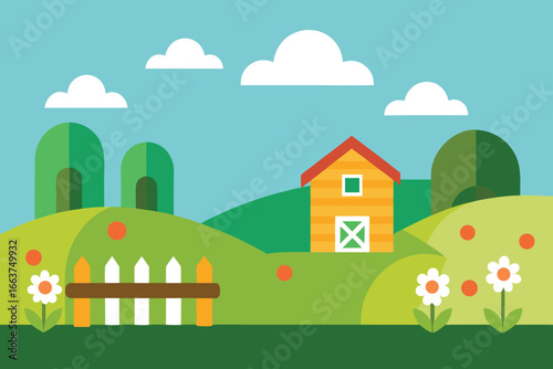 A charming farm landscape featuring a barn, fence, and flowers on rolling green hills under a blue sky with fluffy clouds