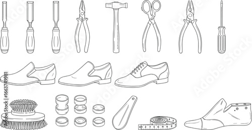 Shoemaking tools and shoe care equipment silhouette set, hammer, pliers, scissors, chisels, shoes, shoe brush, polish, shoehorn, measuring tape, shoe last, black vector illustration