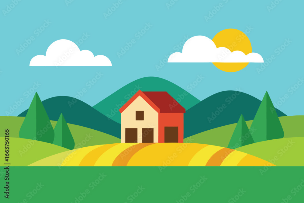 Naklejka premium A picturesque countryside landscape featuring a charming house nestled amidst rolling hills, lush fields, and clear blue sky with fluffy clouds and a bright sun