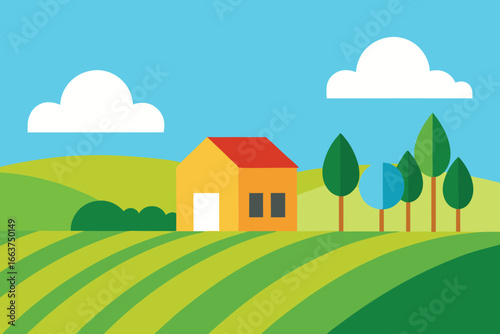 A picturesque farm landscape with a house nestled in green fields, trees, and a blue sky with clouds, perfect for rural themes