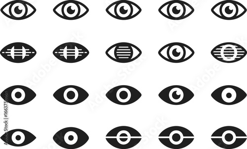 Eye icons set, vision symbol, view interface, visibility and privacy design, show or hide option, editable vector graphics