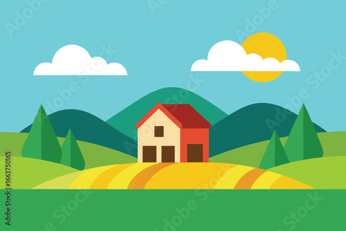 A picturesque countryside landscape featuring a charming house nestled amidst rolling hills, lush fields, and clear blue sky with fluffy clouds and a bright sun