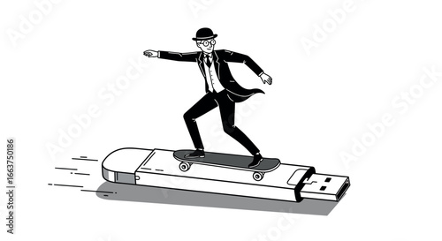 Businessman surfing on usb flash drive in dynamic black and white cartoon style