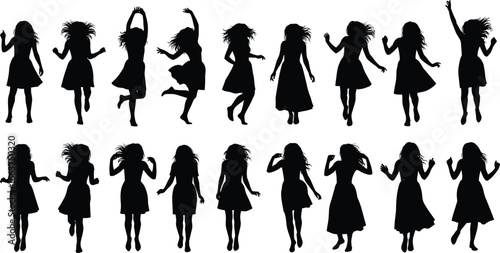 Woman silhouette poses set, eighteen dynamic stances with flowing hair and dress, jumping, dancing, standing, vector illustration for fashion, movement, and lifestyle design projects