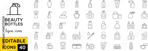 Beauty bottles and cosmetics icons set, perfume, lotion, skincare, pump bottles, makeup, hygiene, spa, wellness, shampoo, cream, editable vector illustrations