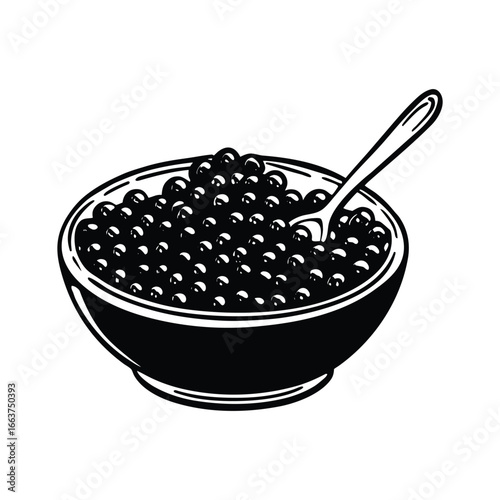 Black caviar in a bowl with a spoon illustration