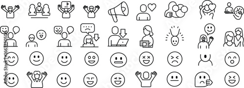 Emotions and communication icons set, happy and sad faces, people talking, social interaction, smile, expressions, gestures, feedback, vector