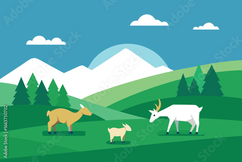 A serene mountain landscape with deer grazing peacefully, showcasing the beauty of wildlife and the tranquility of nature in a scenic view