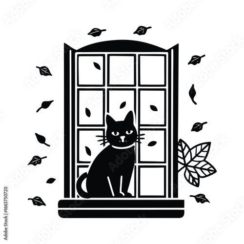 Black cat sitting on a windowsill with falling autumn leaves
