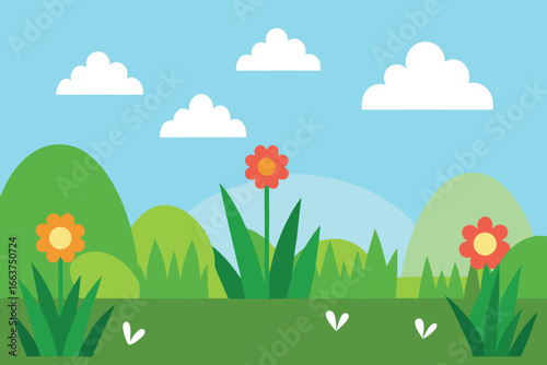 Vibrant floral landscape with rolling green hills, fluffy white clouds, and a clear blue sky, creating a serene and idyllic nature scene