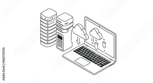 Cloud computing concept with isometric laptop and servers in monochrome outline