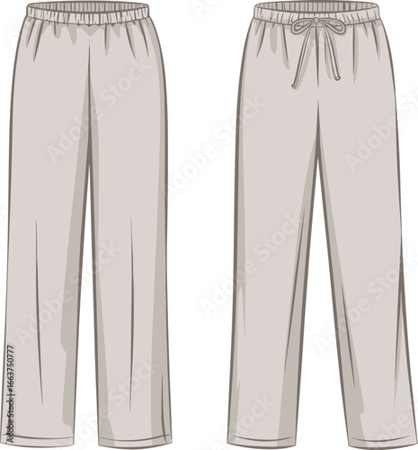 Flat vector pajama pants CAD drawing, front and back view, elastic waistband, drawstring detail, fashion design template, sleepwear pants, technical apparel sketch