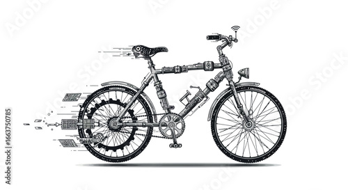 Futuristic blueprint of a steampunk bicycle with tech elements in motion