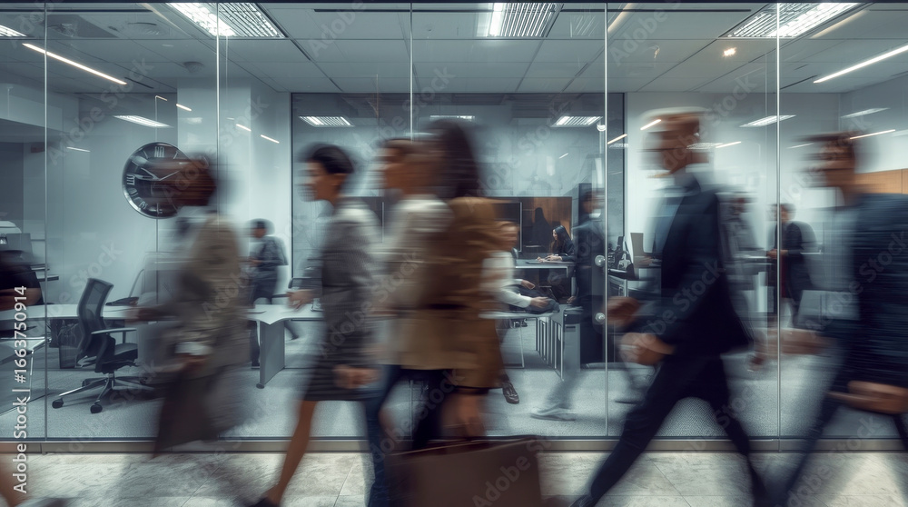 Fototapeta premium Group of office employees at coworking center. Business people walking at modern open space. Motion blur. blurred motion of several people walking in a modern office space with glass walls. Concept