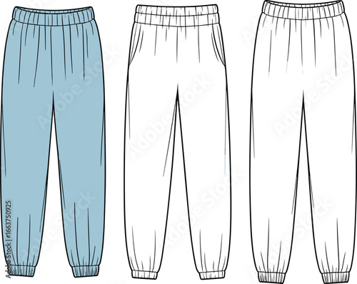 Flat vector technical drawing of elastic waist jogger pants with ribbed cuffs, casual wear CAD fashion illustration for apparel design