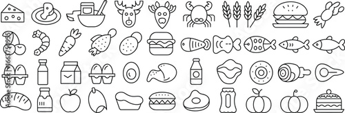 Food and drink icon set, outline vector pack of fruits, vegetables, meat, fish, bakery, dairy, beverages, snacks, and desserts