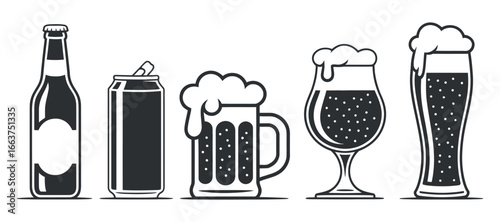 Beer Vector Illustration with Bottle, Can, and Glass for Brewery, Pub, and Beverage Related Design Projects