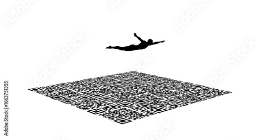 Silhouette diver above qr code in minimalist black and white design