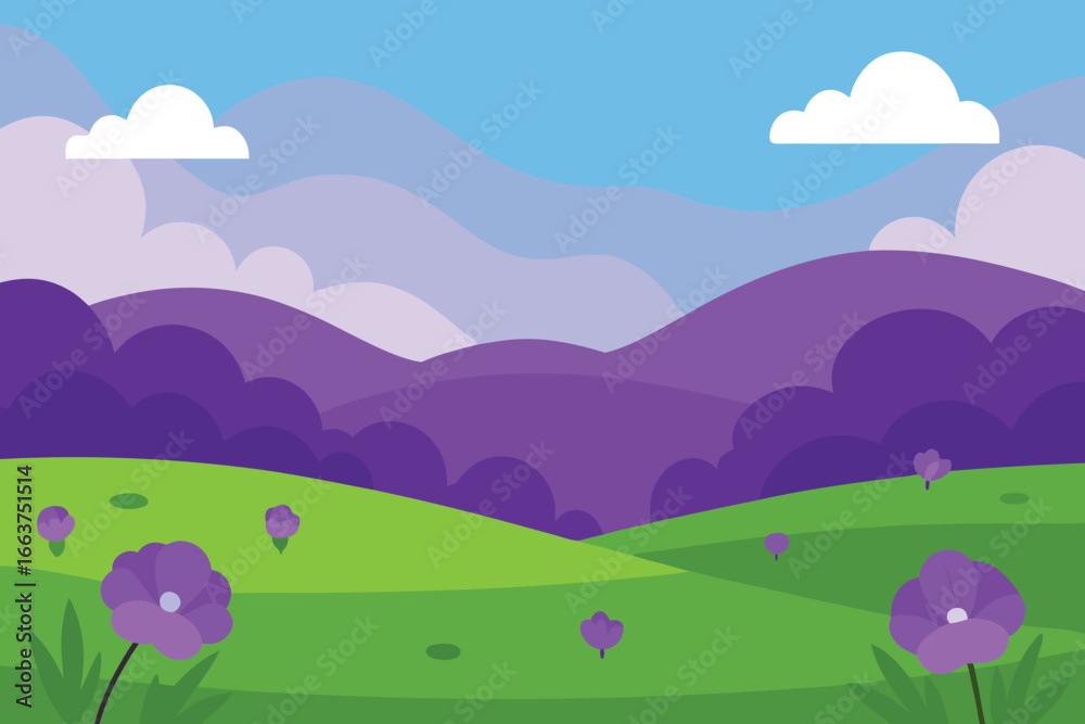 Fototapeta premium A serene landscape with rolling hills, lush fields, and a peaceful sky creating a picturesque and inviting natural environment