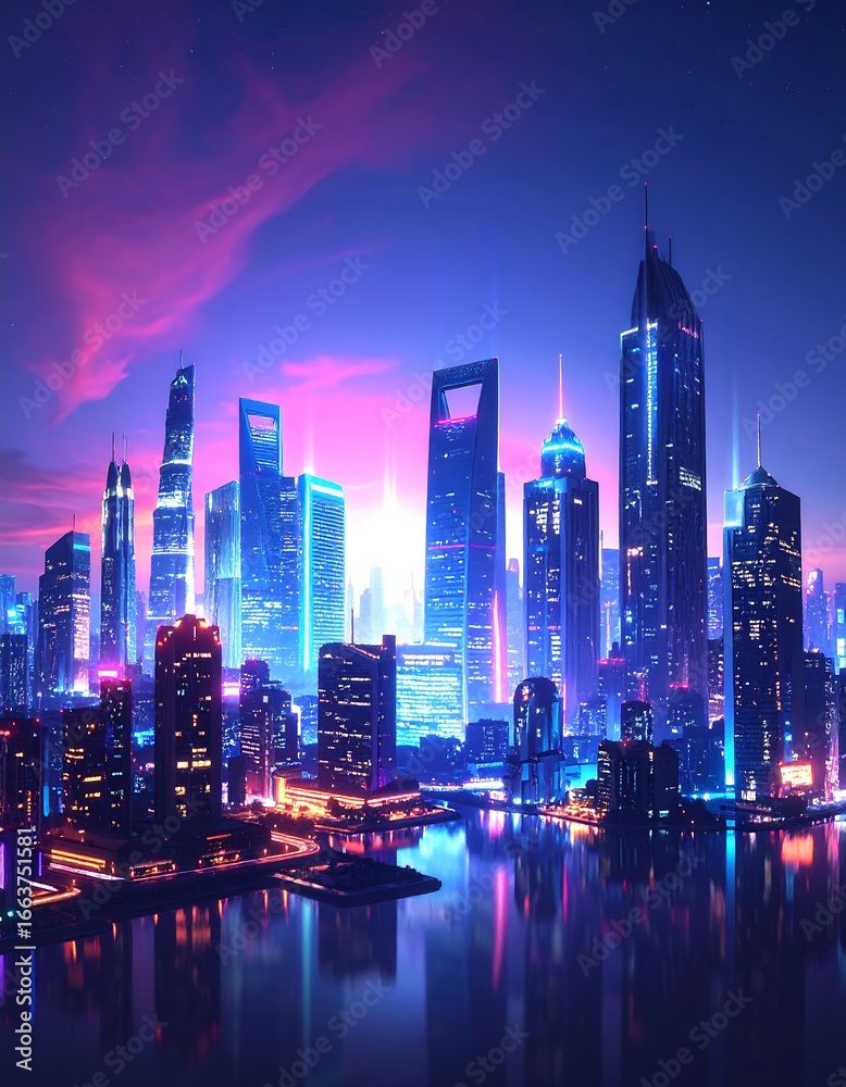 Fototapeta premium Futuristic Cityscape at Dawn with Neon Lights.