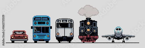 Pixel Art Transportation Vehicles Car Bus Train Locomotive Airplane Retro Style 8-bit Graphics Vector Illustration