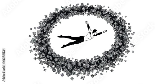 Silhouette of a man floating in a dynamic vortex of numbers on white background